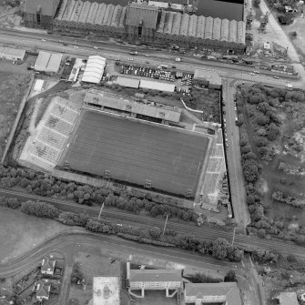 Greenock, James Watt Dock, oblique aerial view, taken from the SSW. Cappielow is visible in the centre of the photograph.