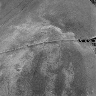 Shalloch Hill, Girvan, oblique aerial view, taken from the NE, centred on the cropmarks of a palisaded settlement. Linear cropmarks are visible in the bottom left-hand corner of the photograph.