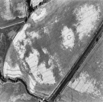 Drumrosach, oblique aerial view, taken from the SW, centred on the cropmarks of a ring-ditch and two pit-circles.