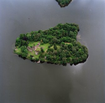 Oblique aerial view centred on the remains of Inchmahome Priory, taken from the North West.