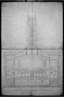 Edinburgh, St Vincent Street, St Stephen's Church.
South elevation of tower and cross section of St Stephen's Church with key to different parts.
Insc: 'No 16 St Vincent's Church', 'Section from East to West , looking South', 'Now St Stephen's'
Black ink and colour wash, scale 1":5'