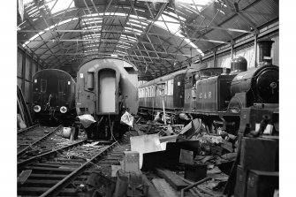 Falkirk, Wallace Street, Springfield Railway Yard, Interior
View of Falkirk Shed showing steam engine and carriages