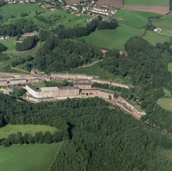 New Lanark village and mills, oblique aerial view.