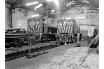 Glengarnock Steel Works, Locomotive Shed; Interior
General view of two Ruston locomotives
