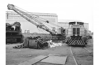 Glasgow, Clydebridge Steel Works
View showing Coles rail-mounted crane at engine shed