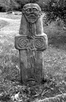 Colonsay House
Detail of front face of early cross-shaped stone with 'head' -originally from Riasg Buidhe burial ground