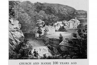 Edinburgh, Dell Road, Colinton Parish Church and Colinton Manse
Photographic copy of engraving showing Colinton Parish Church (St Cuthbert's) and Colinton Manse '100 years ago'
Copied from 'Colinton Old and New'