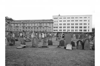 Alloa, Kilncraigs Mill
View from WNW showing WNW front of S blocks with cemetery in foreground