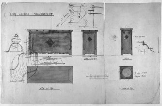 Drawing by George Walls of plans and elevations of communion table and font for Echt Church, Aberdeenshire.
Scanned image of [negative number to be supplied].

