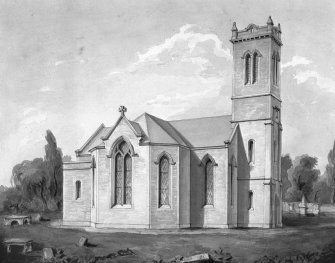 Drawing of Kirk Yetholm Parish Church and churchyard by Walter Elliot. Number eight in a folio of designs for churches.
Scanned image of [negative number to be supplied].