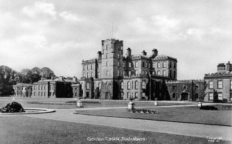 View from South East (before demolitions), postcard insc: 'Gordon Castle, Fochabers.  Copyright FBS.12'