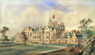 Ballikinrain Castle, exterior view.
Copy of watercolour signed 'David Bryce RSA 1865'.
