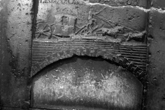 View of detail of Society of Coachdrivers 1765 headstone in Canongate Churchyard.