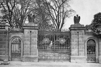 Falcon Hall, Edinburgh.
View of gates. Hall demolished 1909, the gates were rebuilt as the entrance to the Royal Scottish Zoological Society, Corstorphine Road.
