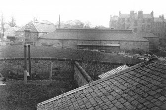 38 Morningside Park, Reid's Dairy and Springvalley tenements.
View of Reid's cow-park and byres.
Caption: 'Scene from window of Back Bedroom at 38 Morningside Park in 1898. Reid's cow-park and Byres still in existence, but preparations for building Springvalley tenements begun.'