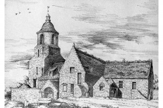 Edinburgh, Kirkgate, Liberton Old Parish Church.
Photographic copy of drawing showing general view.
Insc: 'Liberton Kirk, before 1814. Original drawing by Andrew Kerr.'