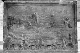 Edinburgh, Kirkgate, Liberton Parish Church Churchyard.
Detail of the West end of the Straiton Monument depicting a scene of harrowing.