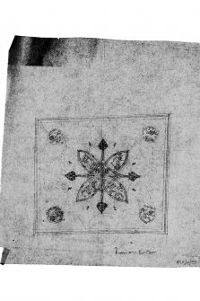 Dunderave Castle
Photographic copy of proposed design for ceiling of second floor bedroom over Boudoir, approximately as executed.
Executed on tracing paper in pencil.
Scale 1/8"
