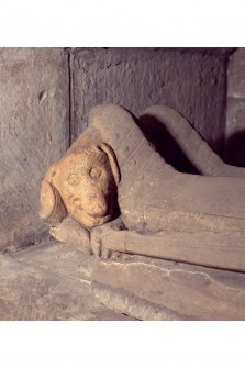 Edinburgh, Kirk Loan, Corstorphine Parish Church, interior.
View of lion at the feet on the Knight effigy on the tomb of Sir Adam Forrester.