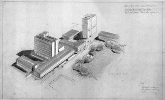 George Square, Appleton Tower.
Photographic copy of an aerial perspective from North-West.
Titled:   'Edinburgh University.  Proposed development at George Square for 1st year physics / maths.'
Insc:    'View from N.W'   'Reiach & Hall   16 Moray Place.  Edin.'   '8/5/70'.
Signed:  'A.R.'