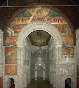 Interior. General view of mural on chancel arch depicting the Multitude of the Redeemed, the Perfected Church,  the Holy Angels, the Four Great Cherubim and the Four Evangelist symbols.
