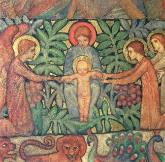 Interior. North chapel, detail of mural on north wall depicting the Christ child standing in his mother's lap.