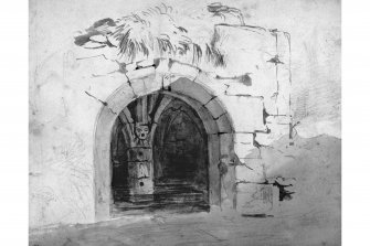 Photographic copy of a view into the well/Chapel, showing the carved face of the well mouth within.
Sepia ink on paper.