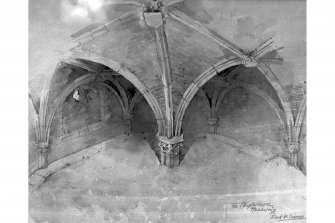 Edinburgh, Restalrig Road South, Restalrig Church, St. Triduana's Well, interior.
Photographic copy of view of vaulted roof.
Insc: 'The chapterhouse, Restalrig, Frank W. Simon'.
ink and watercolour.