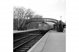 Pitlochry Station
View from E showing train entering station with footbridge in foreground and goods shed in background