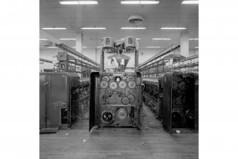 Paisley, Ferguslie Thread Mills, No. 3 Spinning Mill; Interior
View of the 'change gears' at the end of a spinning machine, 3rd flat