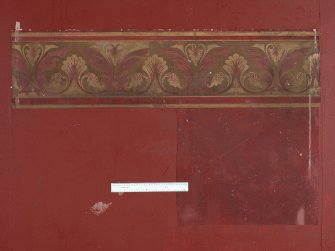 Interior. Nave, detail of revealed painted wall decoration on south wall.