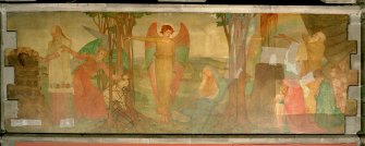 Interior. Nave, view of mural depicting scenes from the Book of Genesis; Noah making his Covenant with God, the dream of Abraham and Abraham and Isaac.