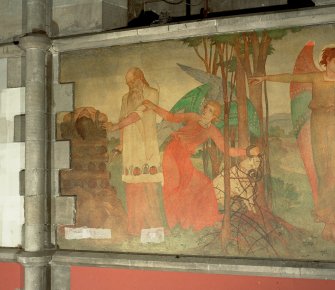 Interior. Nave, detail of mural depicting the story of Abraham and Isaac.