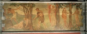 Interior. Nave, view of mural depicting scenes from the Book of Genesis; the Temptation of Adam and Eve, the Expulsion from Eden and Cain and Abel.
