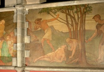 Interior. Nave, detail of mural depicting the story of Cain and Abel.