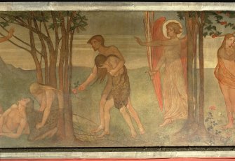 Interior. Nave, detail of mural depicting the Expulsion from the Garden of Eden.