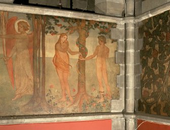 Interior. Nave, detail of mural depicting the Temptation of Adam and Eve.