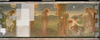 Interior. Nave, view of mural showing scenes from the life of Christ; the Baptism of Christ, the Temptataion in the Wilderness and the Calling of the Apostles.
