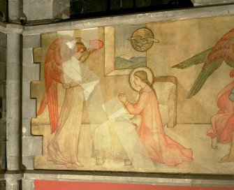 Interior. Nave, detail of mural depicting the Annunciation.