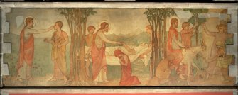 Interior. Nave, view of mural depicting scenes from the New Testament; Christ healing a blind man, the widow of Nain and the entry into Jerusalem.