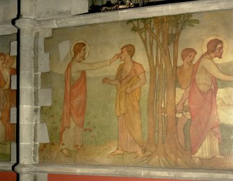 Interior. Nave, detail of mural depicting Christ healing the blind man.