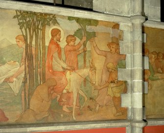 Interior. Nave, detail of mural depicting Christ's entry in Jerusalem on Palm Sunday.