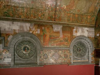 Interior. South chapel, view of mural on south wall depicting a scene from the parable of the Ten Virgins.