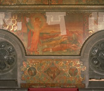 Interior. South chapel, view of mural on south wall depicting a scene from the parable of the Ten Virgins.