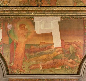Interior. South chapel, view of mural on south wall depicting a scene from the parable of the Ten Virgins.