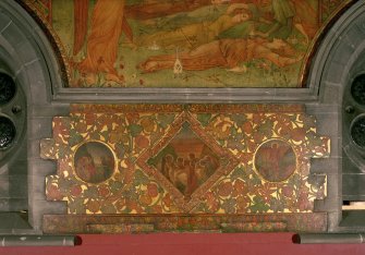 Interior. South chapel, detail of mural on south wall depicting scenes of Christ's death and resurrection.