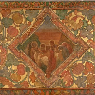 Interior. South chapel, detail of mural on south wall depicting Christ's body being carried into the tomb.