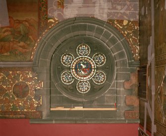 Interior. South chapel, stained glass window depicting the parable of the woman and the 10 coins.