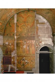 Interior. South chapel, view of murals on west wall depicting the parable of the Ten Virgins.