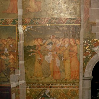Interior. South chapel, view of mural on south wall depicting a scene from the parable of the Ten Virgins.